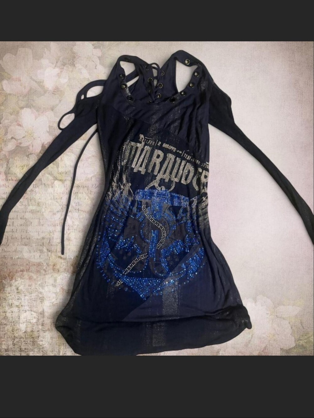 SALVAGE Edgy Blue Rhinestone "Marauders" Long Sleeve Top/Tunic. XS
